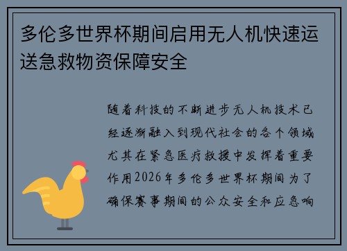 多伦多世界杯期间启用无人机快速运送急救物资保障安全 多伦多世界杯期间启用无人机快速运送急救物资保障安全